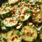 Close-up of cucumbers in spicy peanut sauce with chopped peanuts, parsley, and chili flakes in a bowl