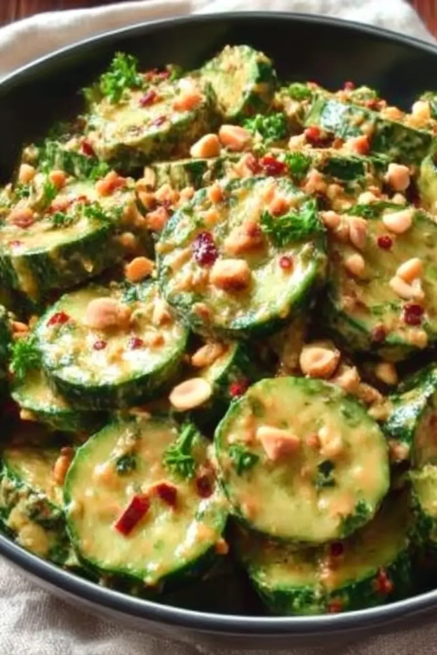 Close-up of cucumbers in spicy peanut sauce with chopped peanuts, parsley, and chili flakes in a bowl