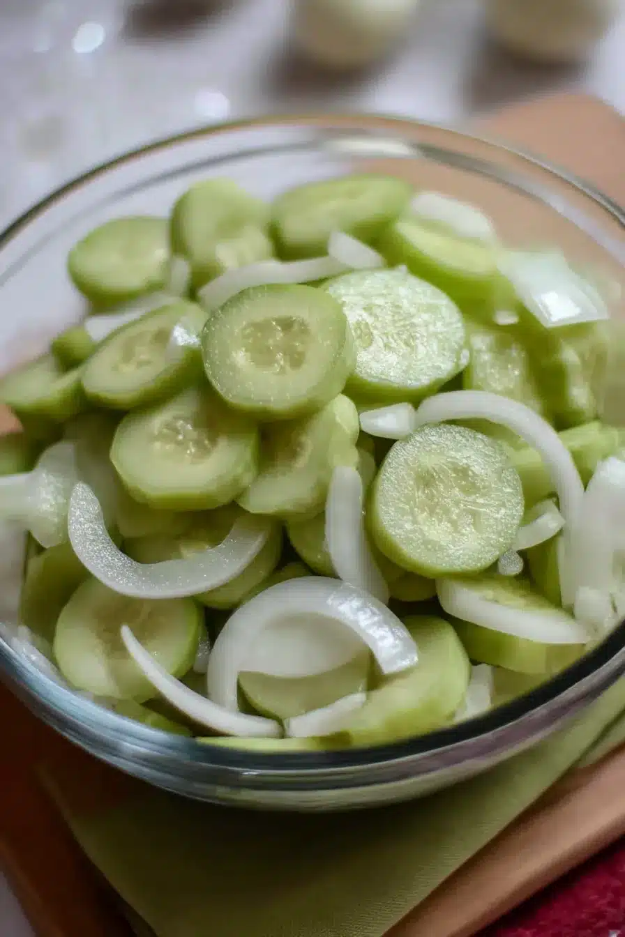 Cucumber and Onion in Vinegar served fresh in a glass bowl