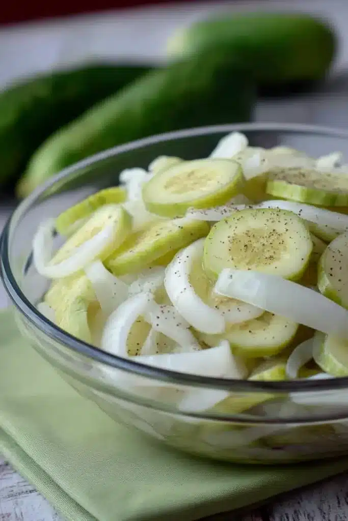 Cucumber and Onion in Vinegar | Quick, Tangy & Easy Pickles 6 Cucumber and Onion in Vinegar topped with black pepper in a glass bowl