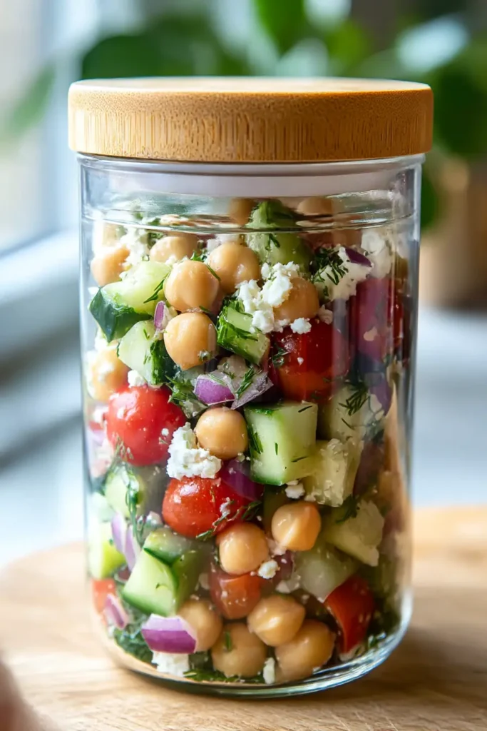 Cucumber and Onions in Vinegar – A Simple & Refreshing Salad 6 Cucumber and onion chickpea salad in a glass jar with bamboo lid, ready for meal prep