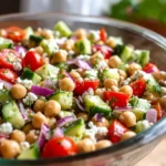Cucumber and Onions in Vinegar – A Simple & Refreshing Salad 7 Colorful cucumber and onions in vinegar salad with chickpeas, feta, tomatoes, and red onion in a ceramic bowl