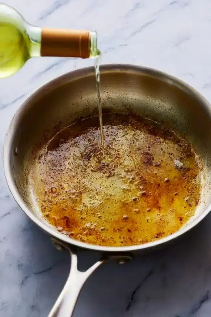 White wine poured into skillet to deglaze golden brown fond for sauce preparation.
