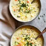 Summer Corn Chowder Soup Recipe: Fresh, Simple, and Comforting 8 Two bowls of creamy summer corn chowder soup with fresh corn, zucchini, carrots and parsley garnish on rustic wooden background