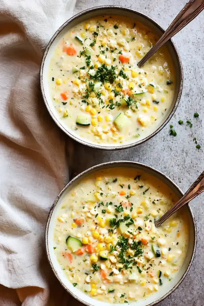 Two bowls of creamy summer corn chowder soup with fresh corn, zucchini, carrots and parsley garnish on rustic wooden background