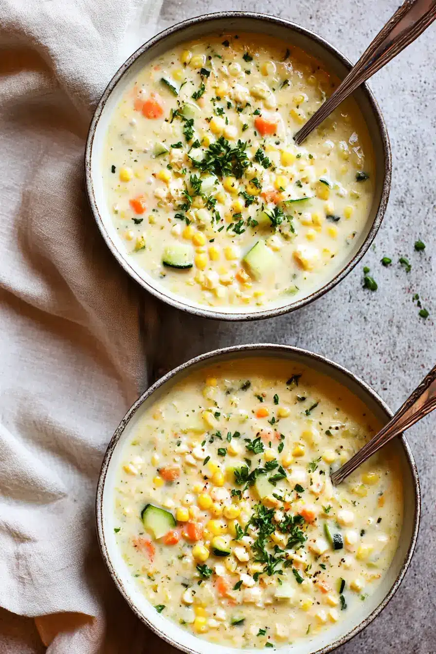Two bowls of creamy summer corn chowder soup with fresh corn, zucchini, carrots and parsley garnish on rustic wooden background