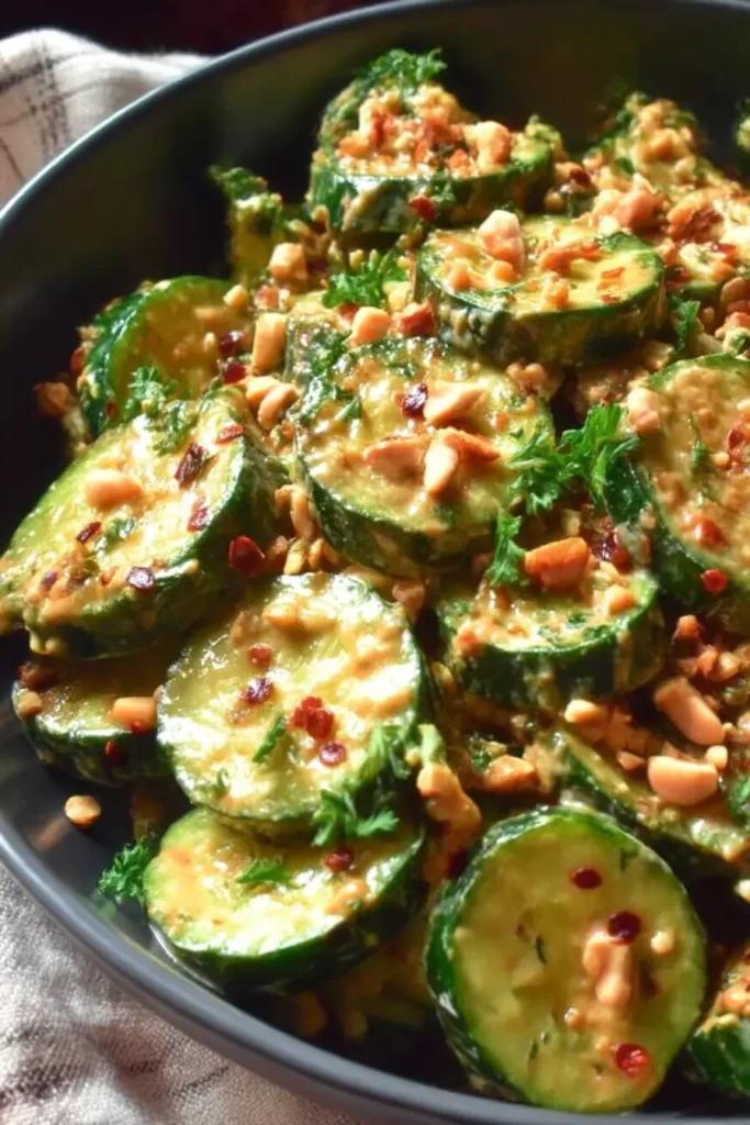 Close-up of creamy spicy cucumber salad with peanuts and red chili flakes 