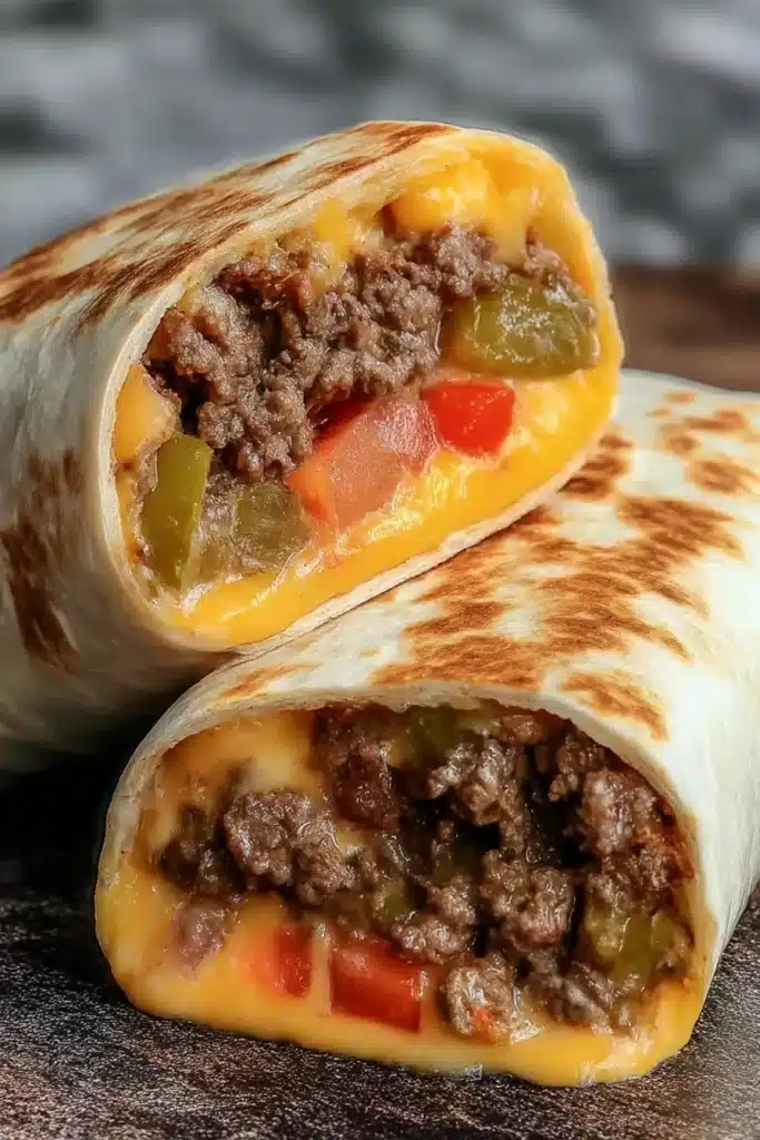 Easy Air Fryer Cheeseburger Wraps sliced to show beef, cheddar cheese, pickles, and grilled tortillas