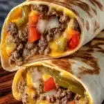 Easy Air Fryer Cheeseburger Wraps: Quick, Crispy, and Family-Friendly 5 Easy Air Fryer Cheeseburger Wraps stacked and sliced with melted cheese, juicy beef, pickles, and grilled tortillas