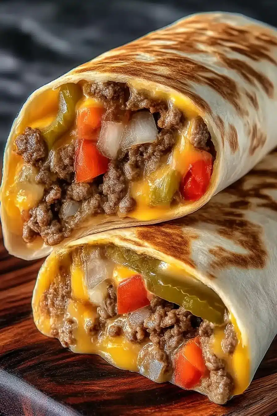 Easy Air Fryer Cheeseburger Wraps stacked and sliced with melted cheese, juicy beef, pickles, and grilled tortillas