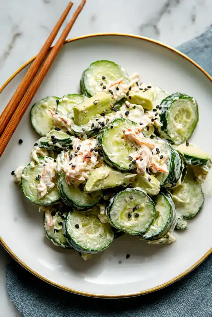 Easy California Roll Cucumber Salad plated with sesame seeds and chopsticks