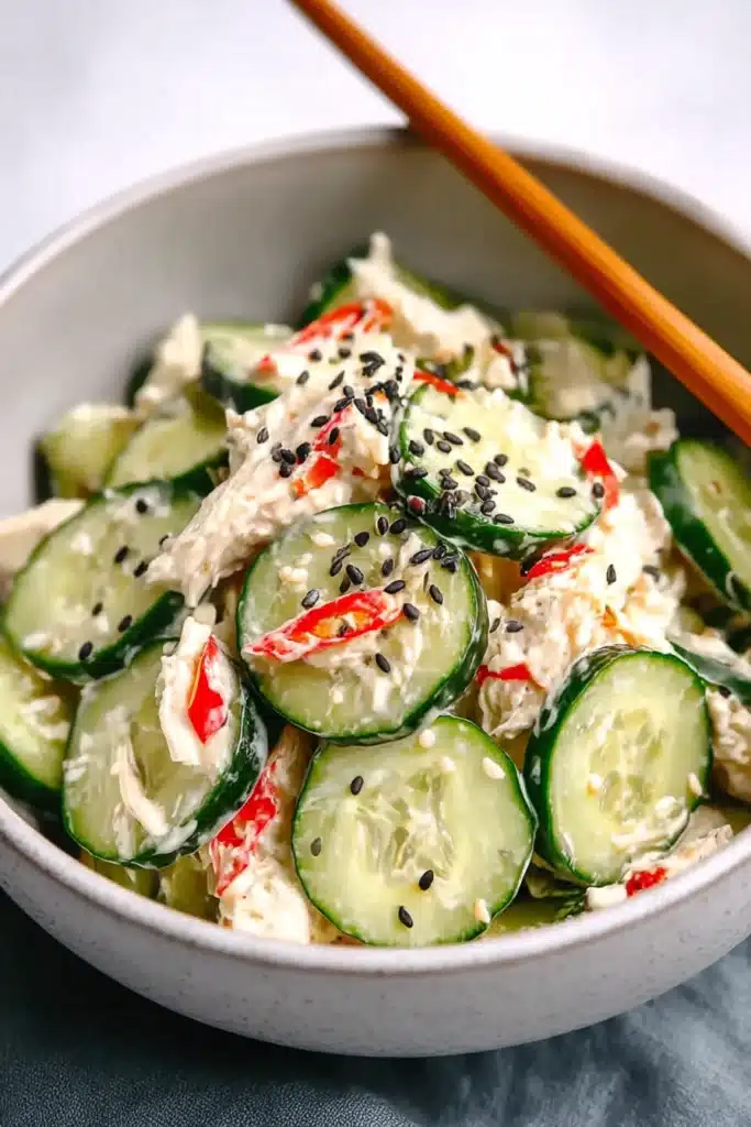 Easy California Roll Cucumber Salad with sesame seeds in a ceramic bowl