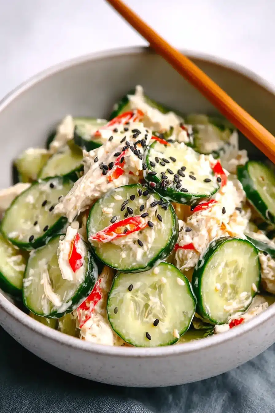 Easy California Roll Cucumber Salad with sesame seeds in a ceramic bowl