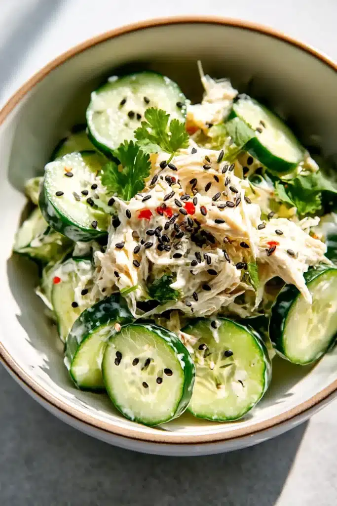 Easy California Roll Cucumber Salad | Quick & Refreshing 6 Easy California Roll Cucumber Salad with cilantro and sesame seeds in a ceramic bowl