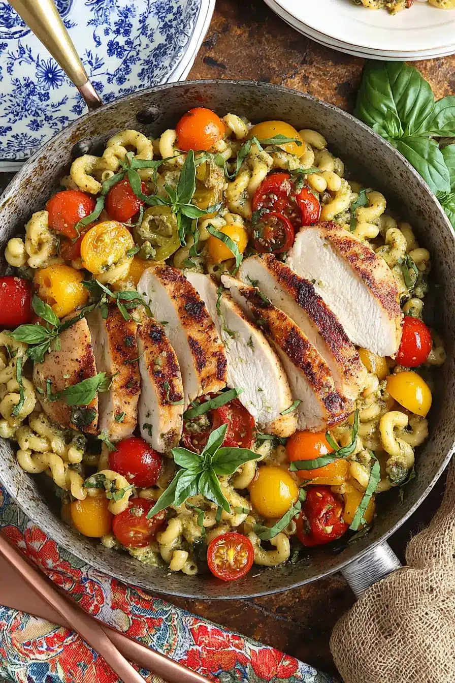 Sliced seared chicken breast over Easy Chicken Pesto Pasta with cherry tomatoes and fresh basil in a skillet, on a rustic tabletop with a floral plate nearby.