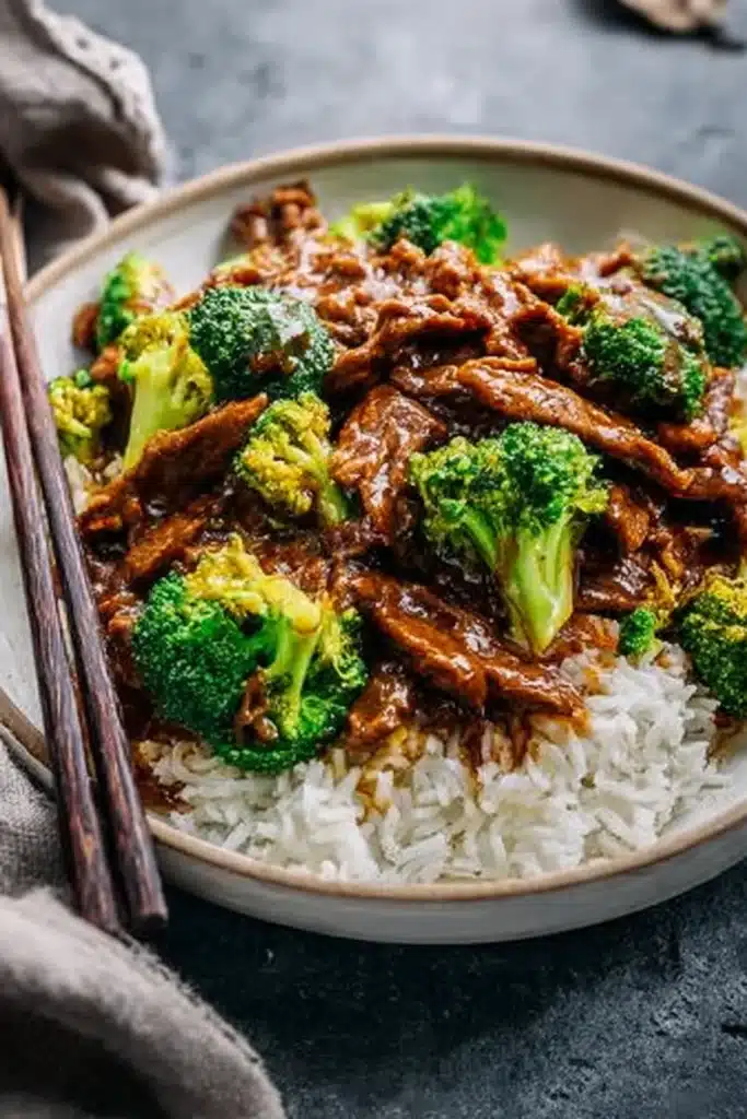 Chinese Beef and Broccoli – Amazing One-Pan Dinner Idea 10 Chinese beef and broccoli over rice in a white ceramic bowl on gray stone background