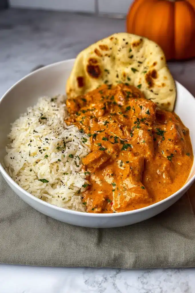 Easy Homemade Butter Chicken – Simple & Sensational Dinner 11 Easy homemade butter chicken served with rice and naan in a cozy white bowl