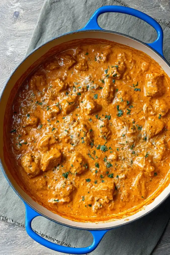Easy homemade butter chicken simmering in creamy sauce inside a blue skillet