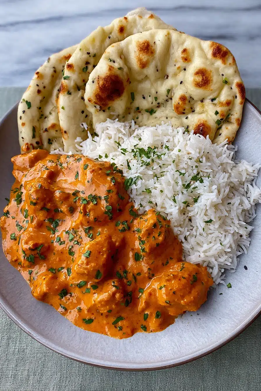 Easy homemade butter chicken served with rice and naan on a ceramic plate