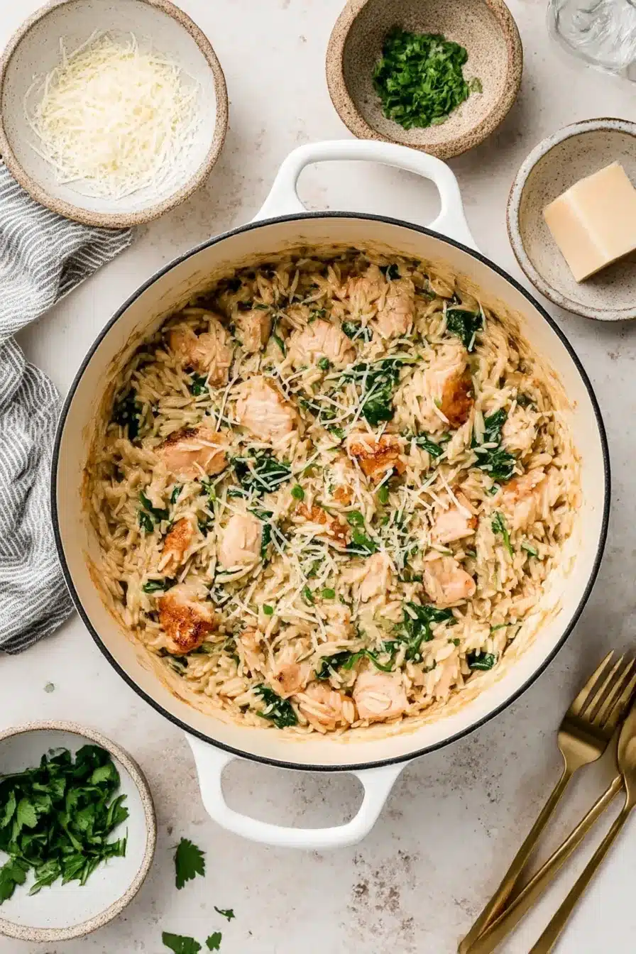 Creamy one pot chicken orzo with spinach and parmesan served in a white Dutch oven, styled with herbs and cheese on a light concrete background