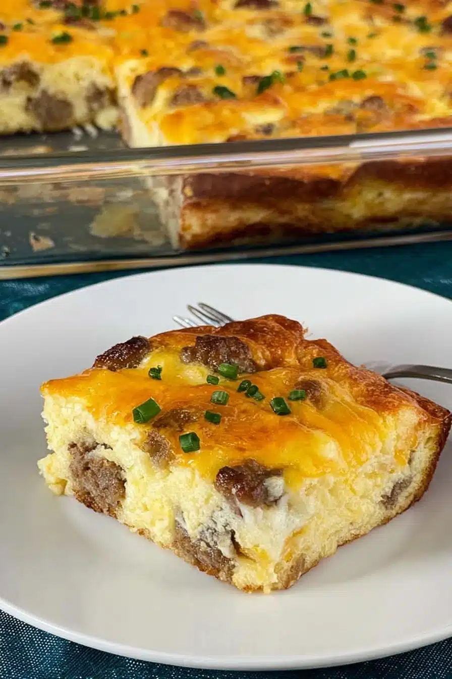 Easy sausage and egg casserole slice served on a white plate, topped with melted cheese and chives