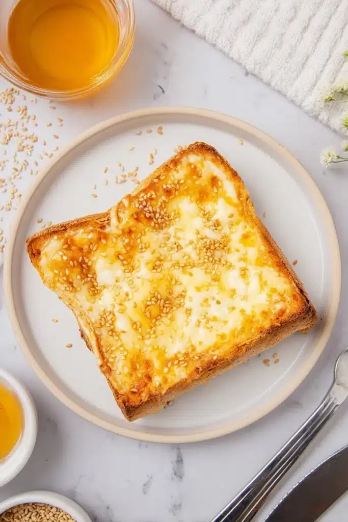 Whole cheesy air fryer egg and cheese toast on a white plate with sesame seeds and honey nearby