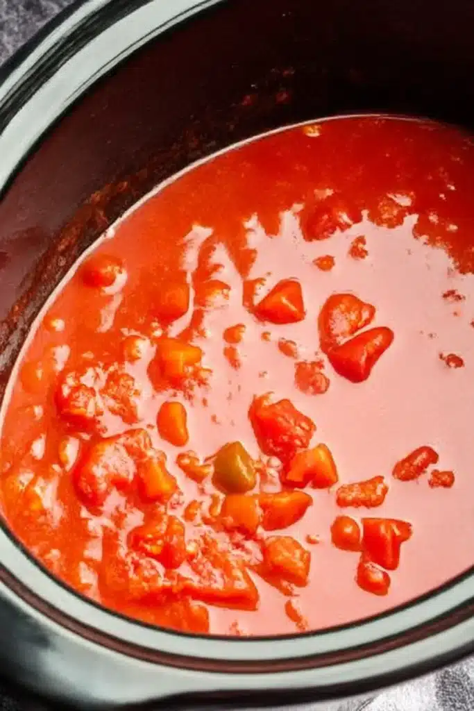 Slow Cooker Chicken Enchilada Casserole – Easy & Delicious 10 Red enchilada sauce with diced tomatoes in a black slow cooker