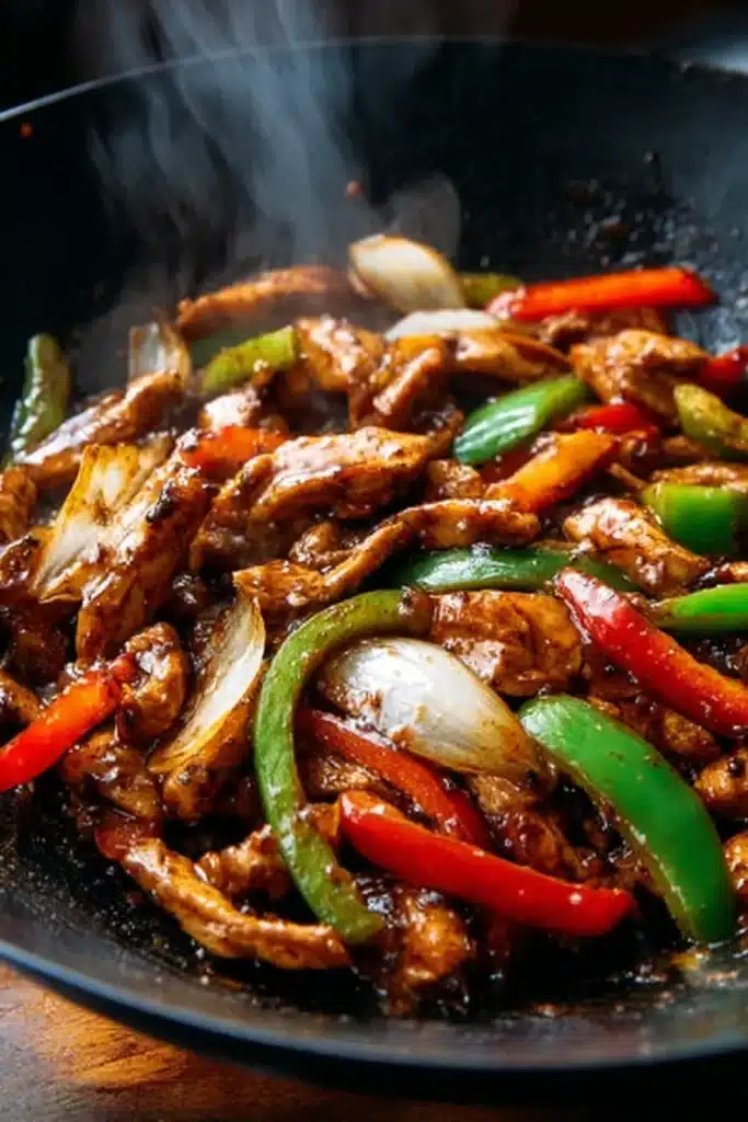 Glossy black pepper chicken stir-fry with colorful bell peppers and onions in a ceramic wok