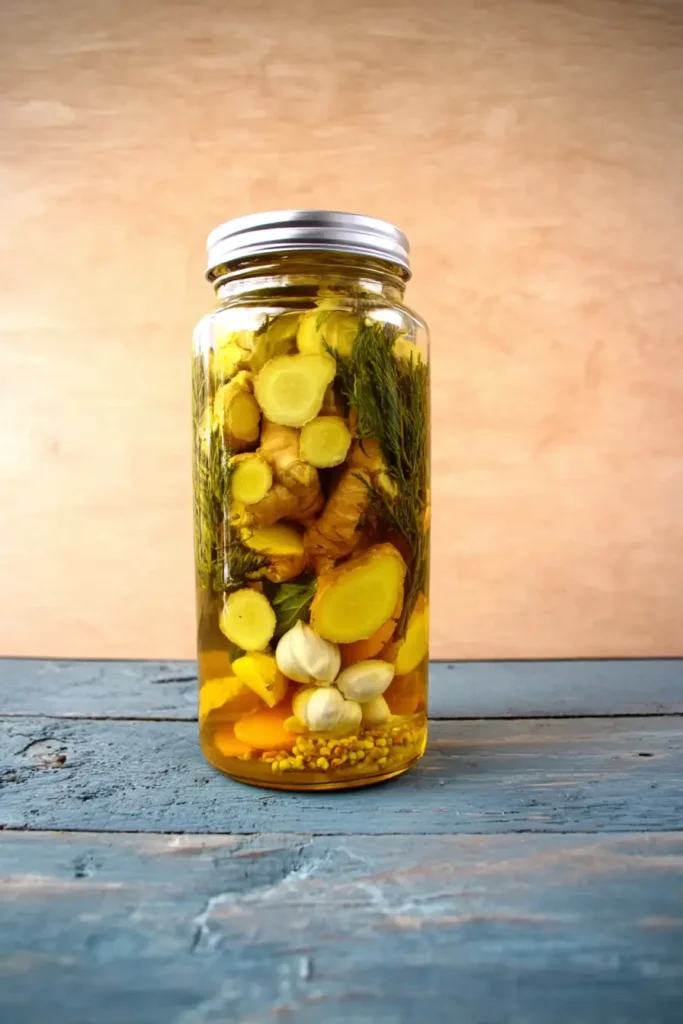 Fire Cider Recipe (Immune-Boosting Herbal Tonic) 8 Glass jar of homemade fire cider mid-infusion with citrus, ginger, garlic, and herbs on rustic wood
