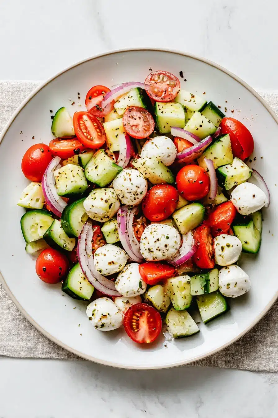 Fresh cucumber Caprese salad with tomatoes, mozzarella, and red onion on a white plate