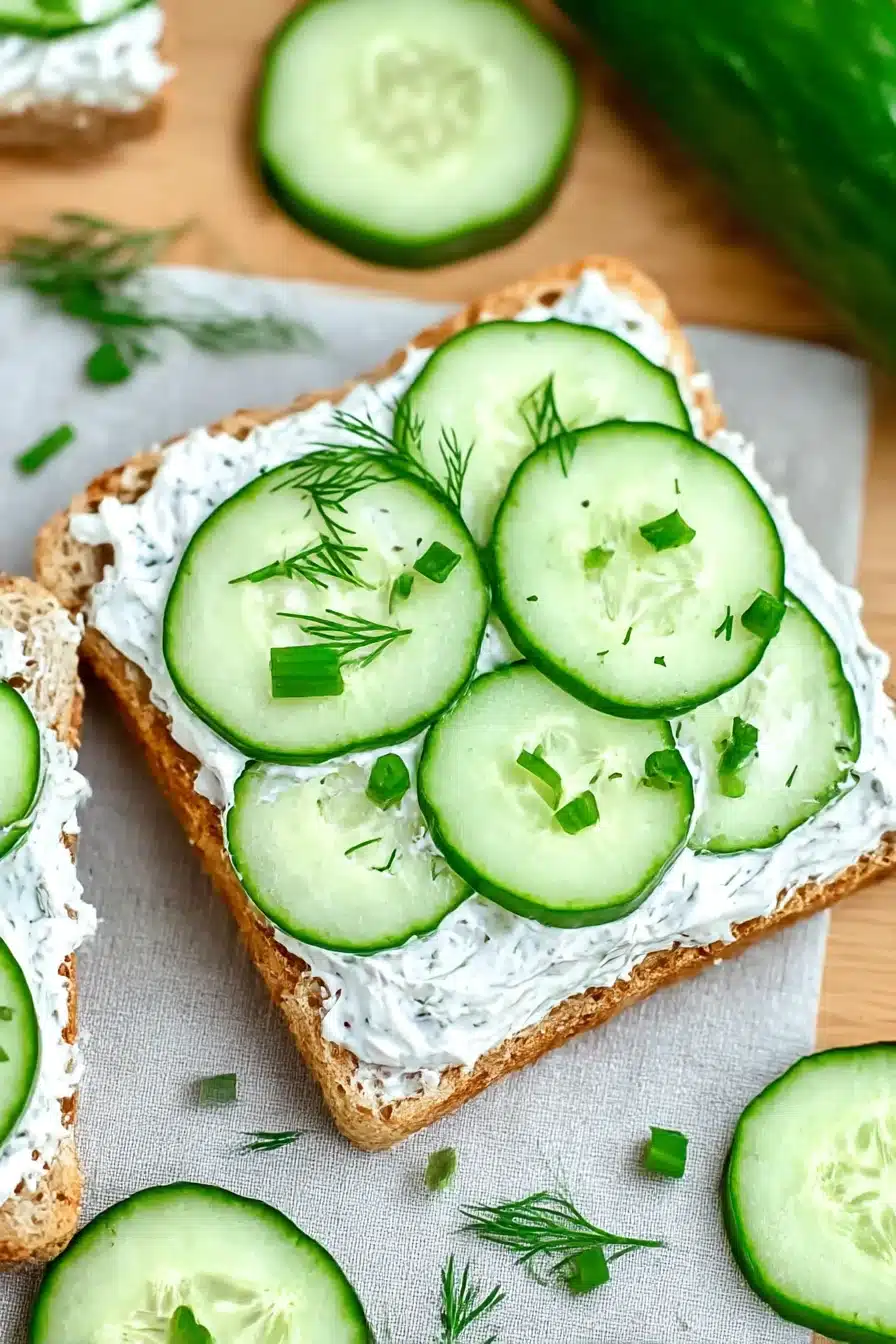 Cucumber sandwiches with cream cheese, fresh dill, and green onions on soft white bread, served open-faced on a light surface