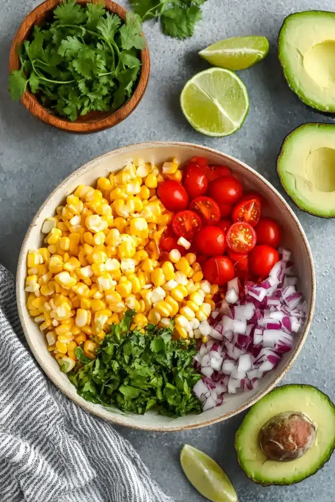 Fresh summer corn salad ingredients in a bowl with avocado, tomatoes, onion, cilantro, and lime.