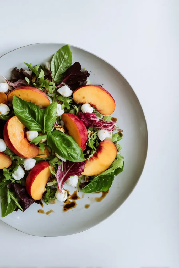 Overhead shot of summer peach salad with basil, mozzarella, and greens on a gray background