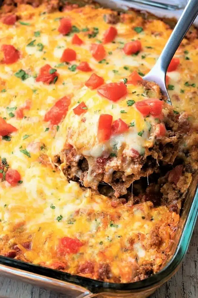 Baked cheesy Mexican casserole in a glass dish with one serving scooped out

