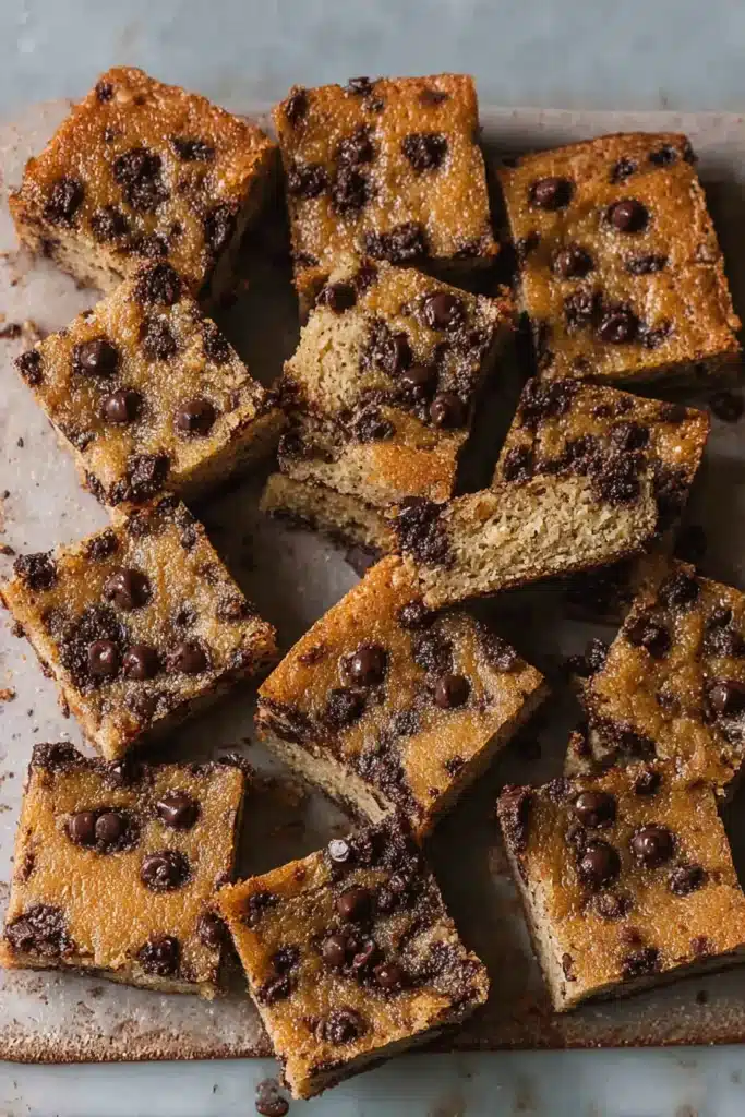 Chocolate Chip Banana Bars 8 Overhead view of sliced chocolate chip banana bars with melted chocolate chips on a dark slate table