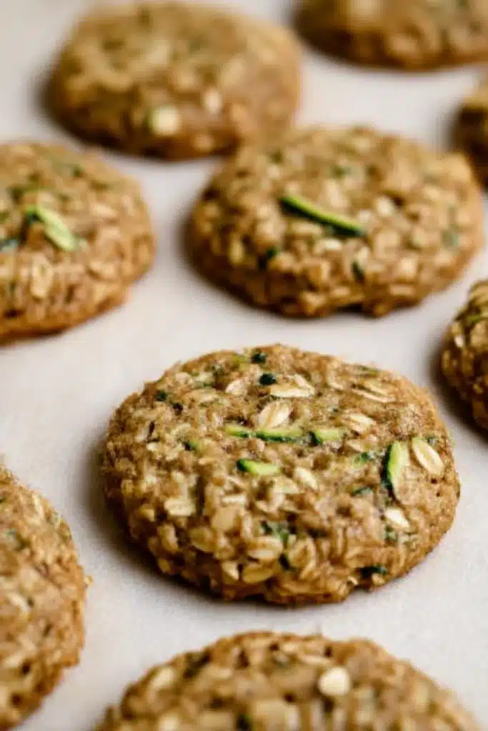 Healthy Zucchini Oatmeal Cookies | Soft, Cozy Treat 11 Freshly baked healthy zucchini oatmeal cookies cooling on parchment paper with rustic texture