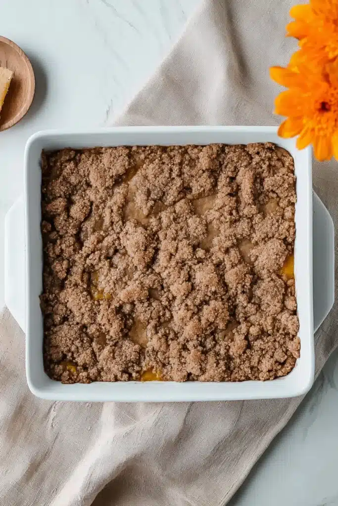 Easy Pumpkin Coffee Cake 7 Overhead view of rustic pumpkin coffee cake with cinnamon crumb topping in white ceramic dish