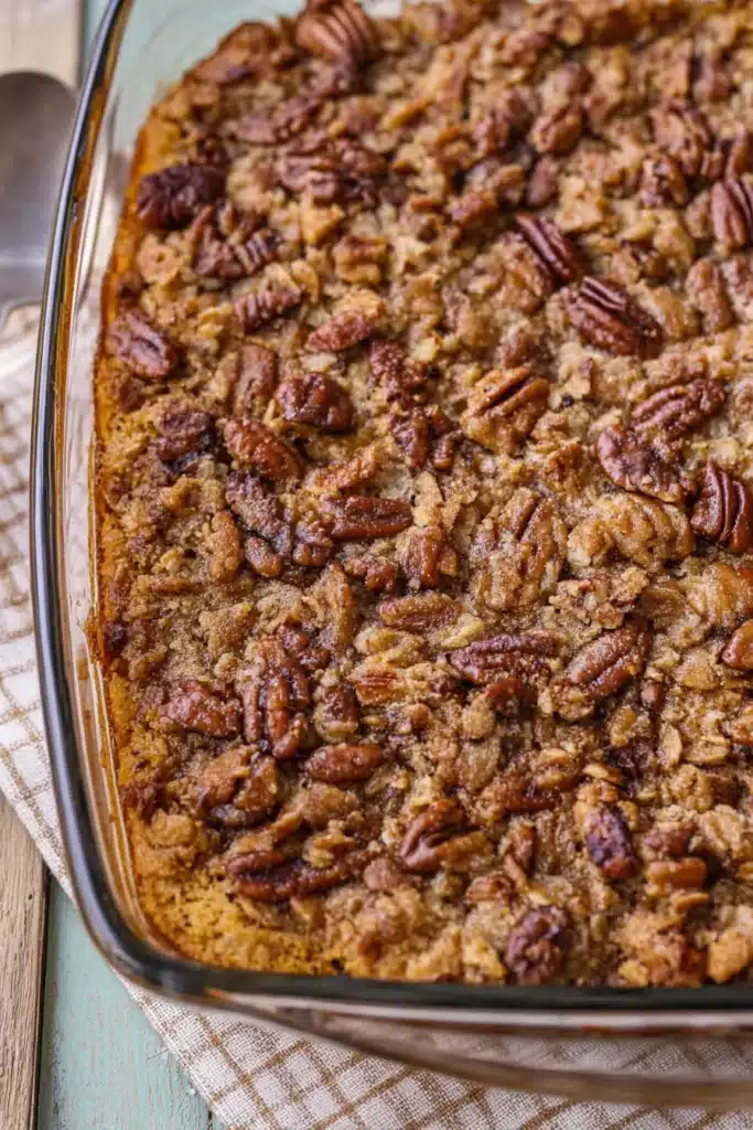 Pumpkin Crunch Cake | Easy Fall Favorite Dessert 8 Baked pumpkin crunch cake in a glass dish topped with toasted pecans