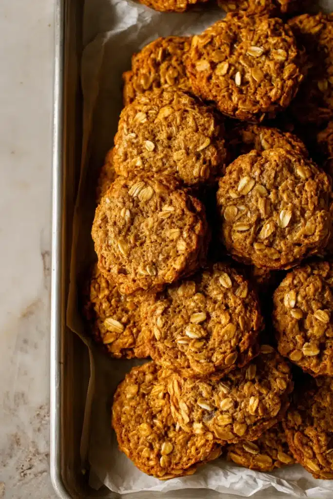 Pumpkin Oatmeal Cream Pies – Amazing Fall Dessert Treat 9 Unfrosted pumpkin oatmeal cookies with visible oats on a baking tray