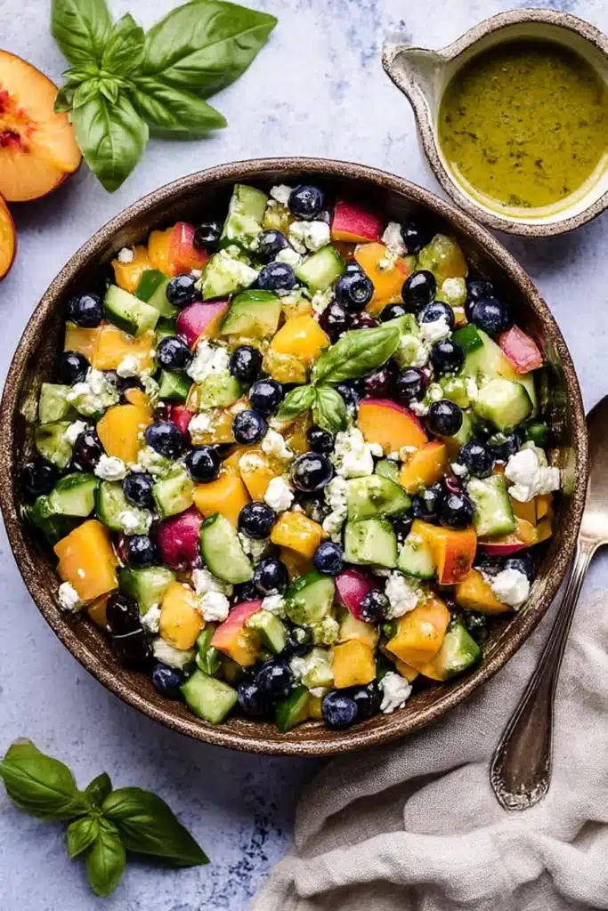 Blueberry Peach Feta Salad tossed with basil, cucumbers, and lemon vinaigrette in a rustic bowl