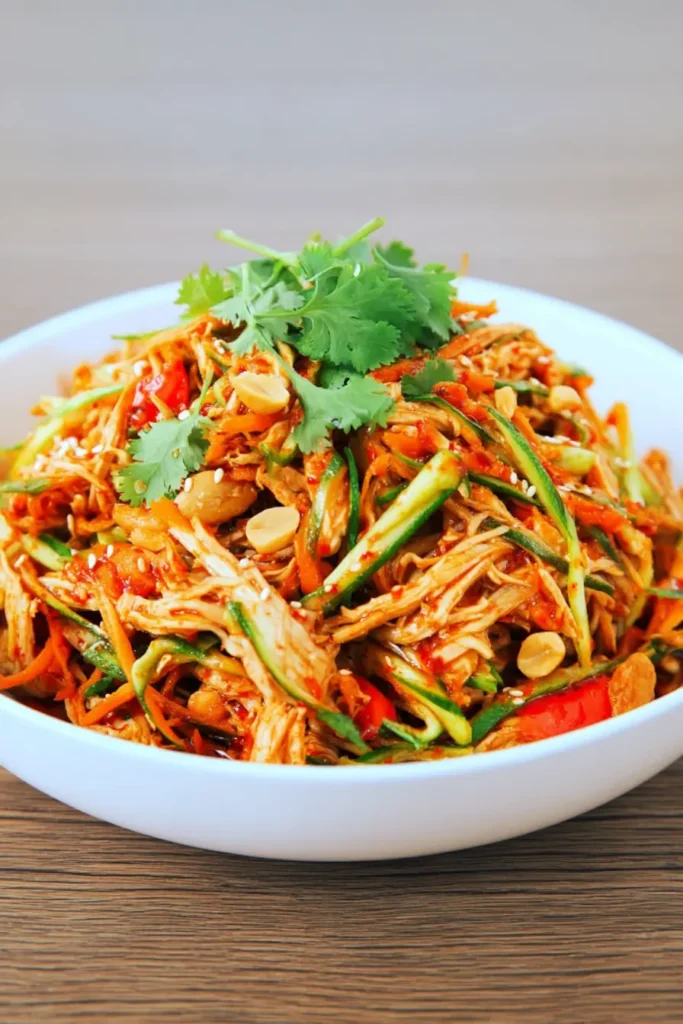 Chinese Chicken Breast Salad (Quick & Flavorful Recipe) 9 Chinese Chicken Breast Salad served in a white bowl with shredded chicken, carrots, cucumbers, peanuts, and sesame chili dressing