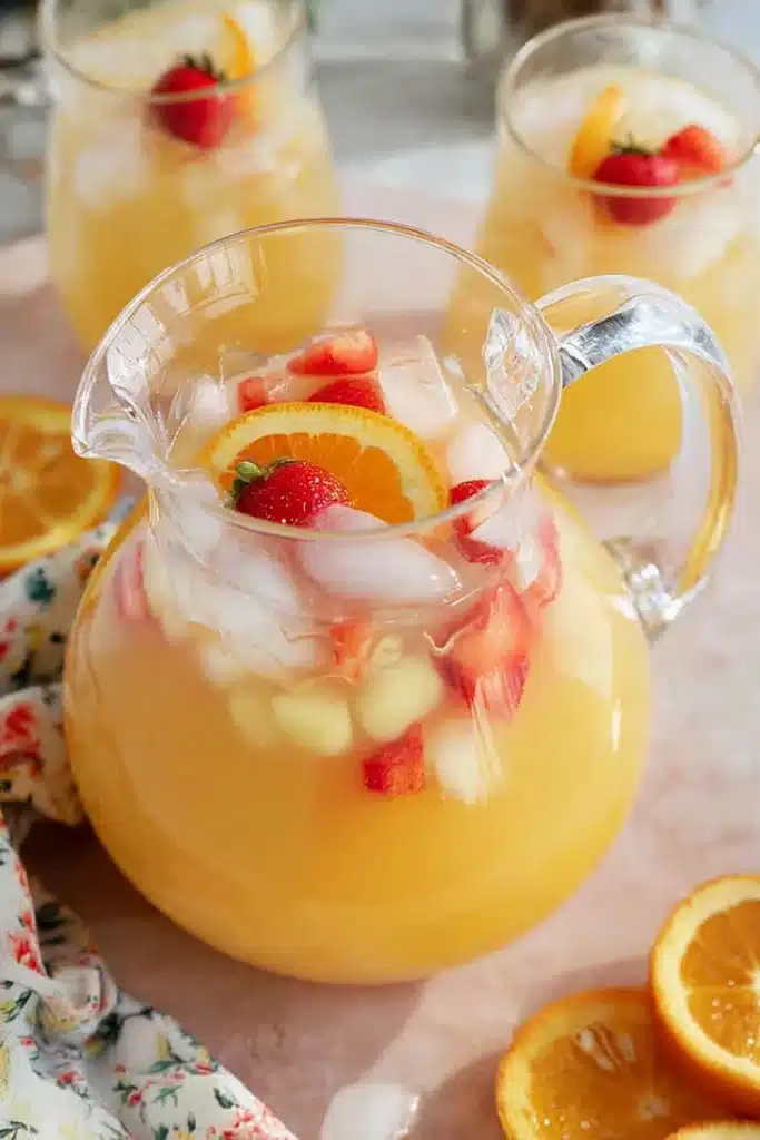 Breakfast Punch | Refreshing & Crowd-Pleasing Brunch Drink 6 Overhead view of a pitcher of breakfast punch with ice, strawberries, and citrus slices