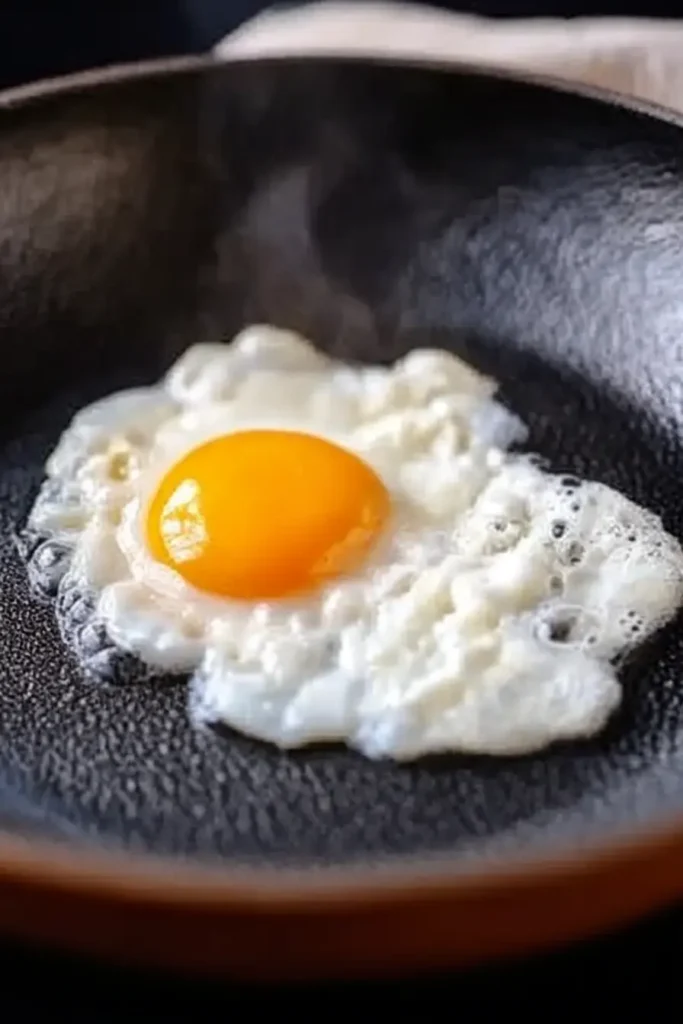 Easy Korean Egg Rice egg frying in pan with bubbly edges and runny yolk