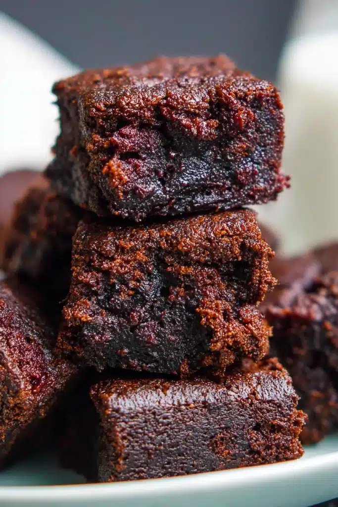 Close-up of moist, fudgy zucchini brownies stacked on a plate