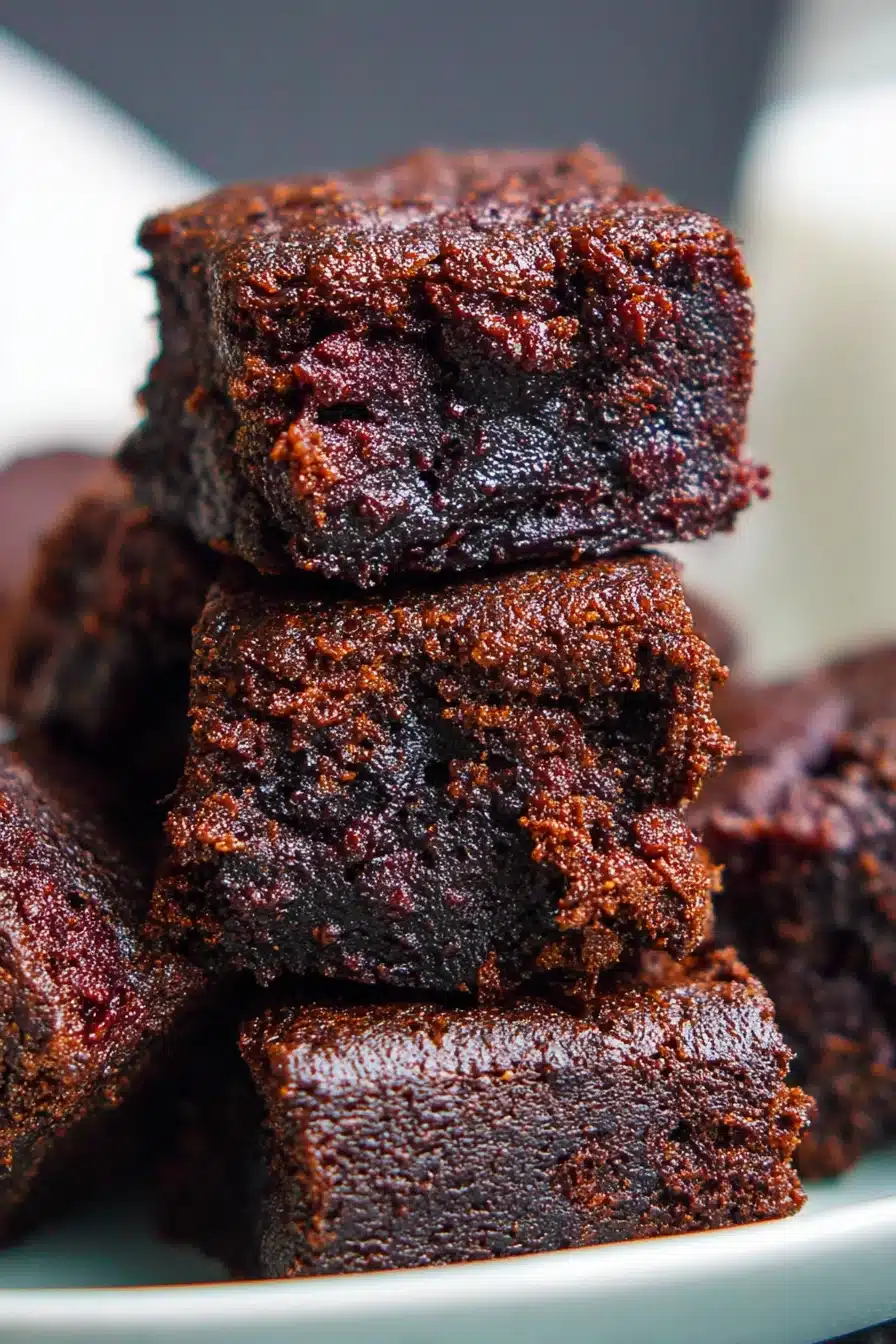 Close-up of moist, fudgy zucchini brownies stacked on a plate