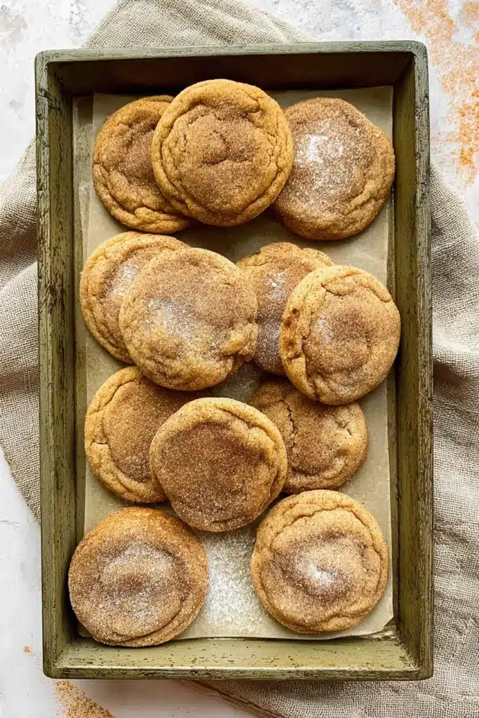 Overhead view of a tray filled with pumpkin cheesecake snickerdoodles and a dish of cinnamon sugar
