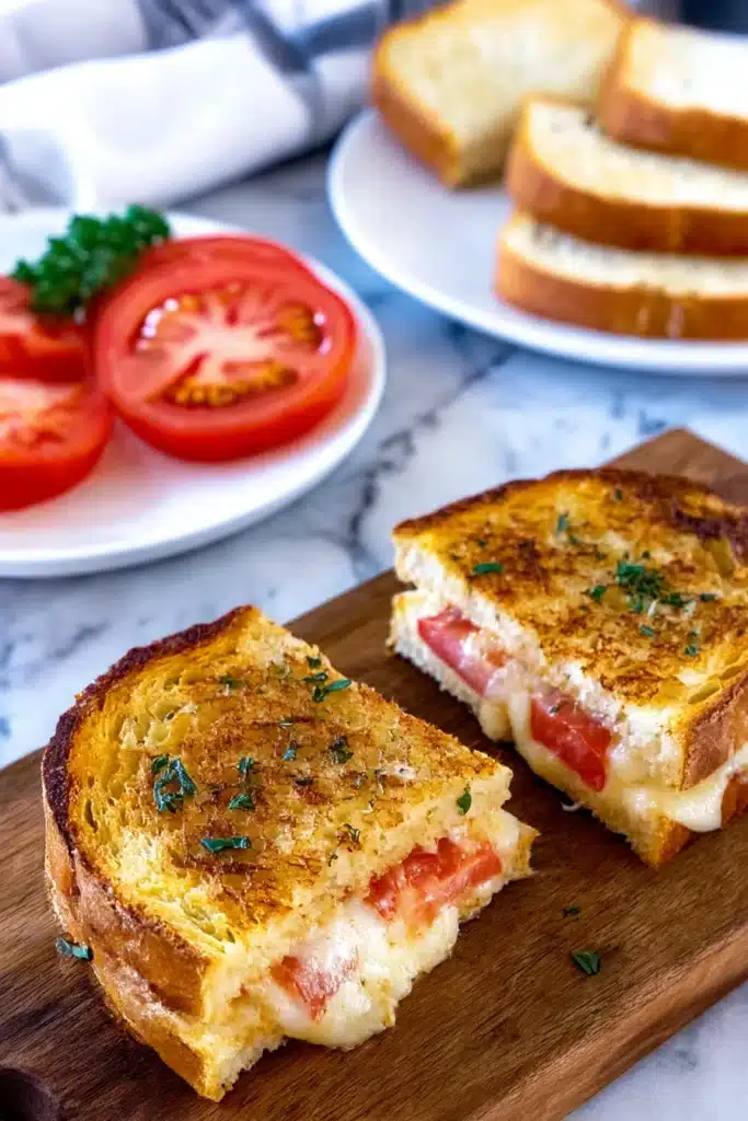 Garlic Bread Grilled Cheese Recipe | Amazing & Quick Lunch 6 Sliced garlic bread grilled cheese on a rustic wood cutting board, crispy golden crust, melted cheese and tomato, with bread and tomato slices in background.
