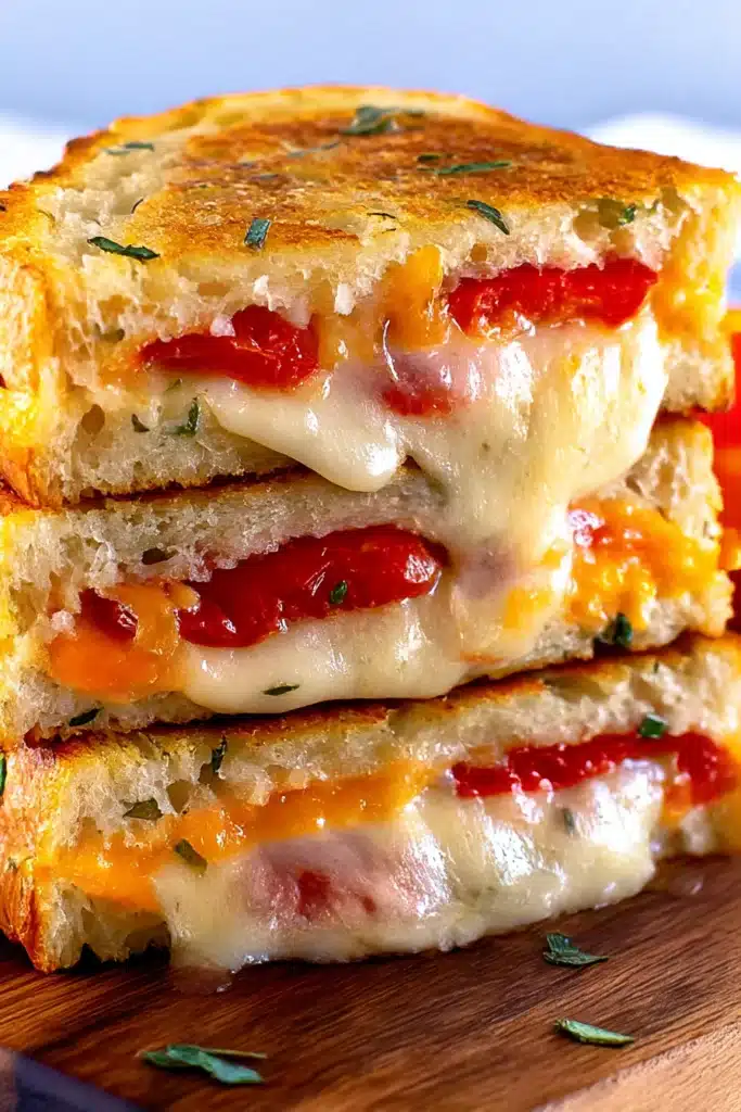 Stacked garlic bread grilled cheese sandwich with golden crispy crust, melted cheddar and provolone cheese, and fresh tomatoes.