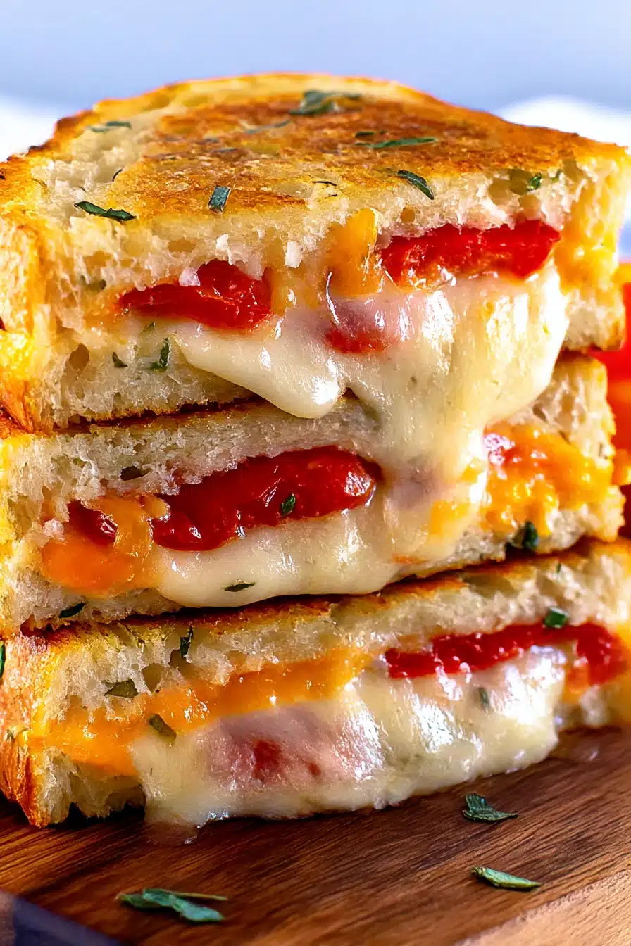 Stacked garlic bread grilled cheese sandwich with golden crispy crust, melted cheddar and provolone cheese, and fresh tomatoes.