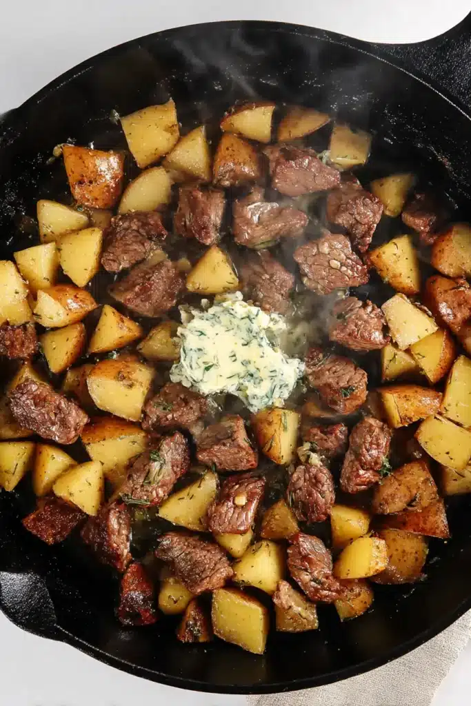 Garlic Butter Steak and Potatoes sizzling in a cast iron skillet with melting herb butter and golden potatoes